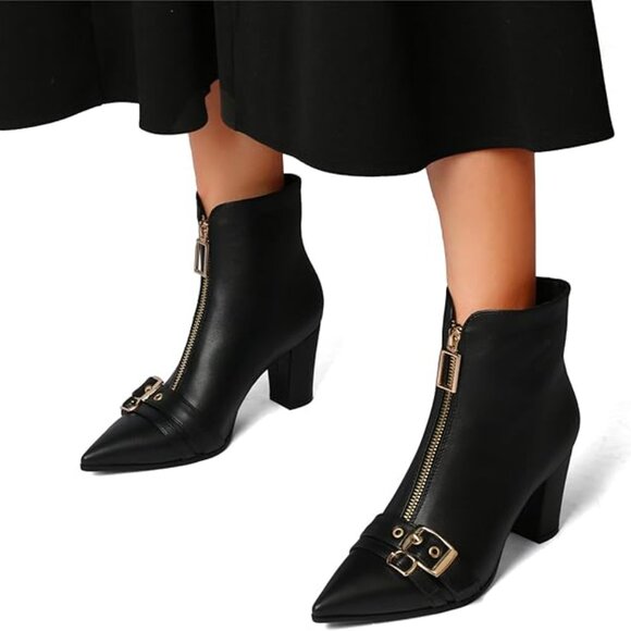 Pointed Toe Kitten Heel Boots-Women Black Booties Rivets Ankle Boot Fashion Shoe - Picture 2 of 5